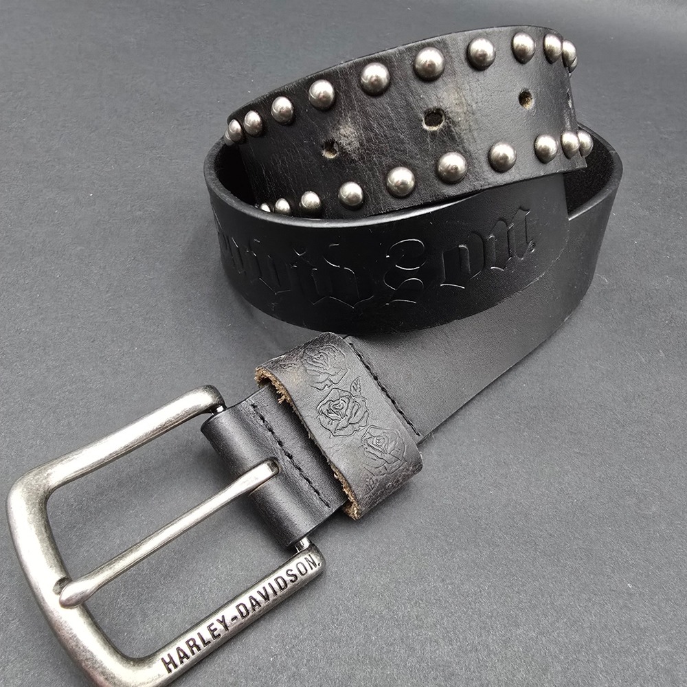 Harley Davidson Womens Black Leather Studded Belt Rose Embossed Medium